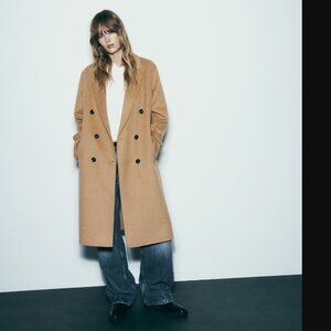 ZARA ZW Collection Women Camel Double-Breasted Wool-Blended Coat Size S NWOT
